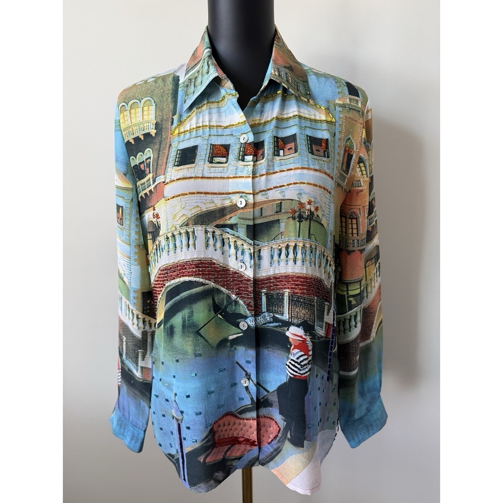 Vintage Nicole Taylor Women's S Silk Beaded Scenic Landscape Venice Italy Shirt